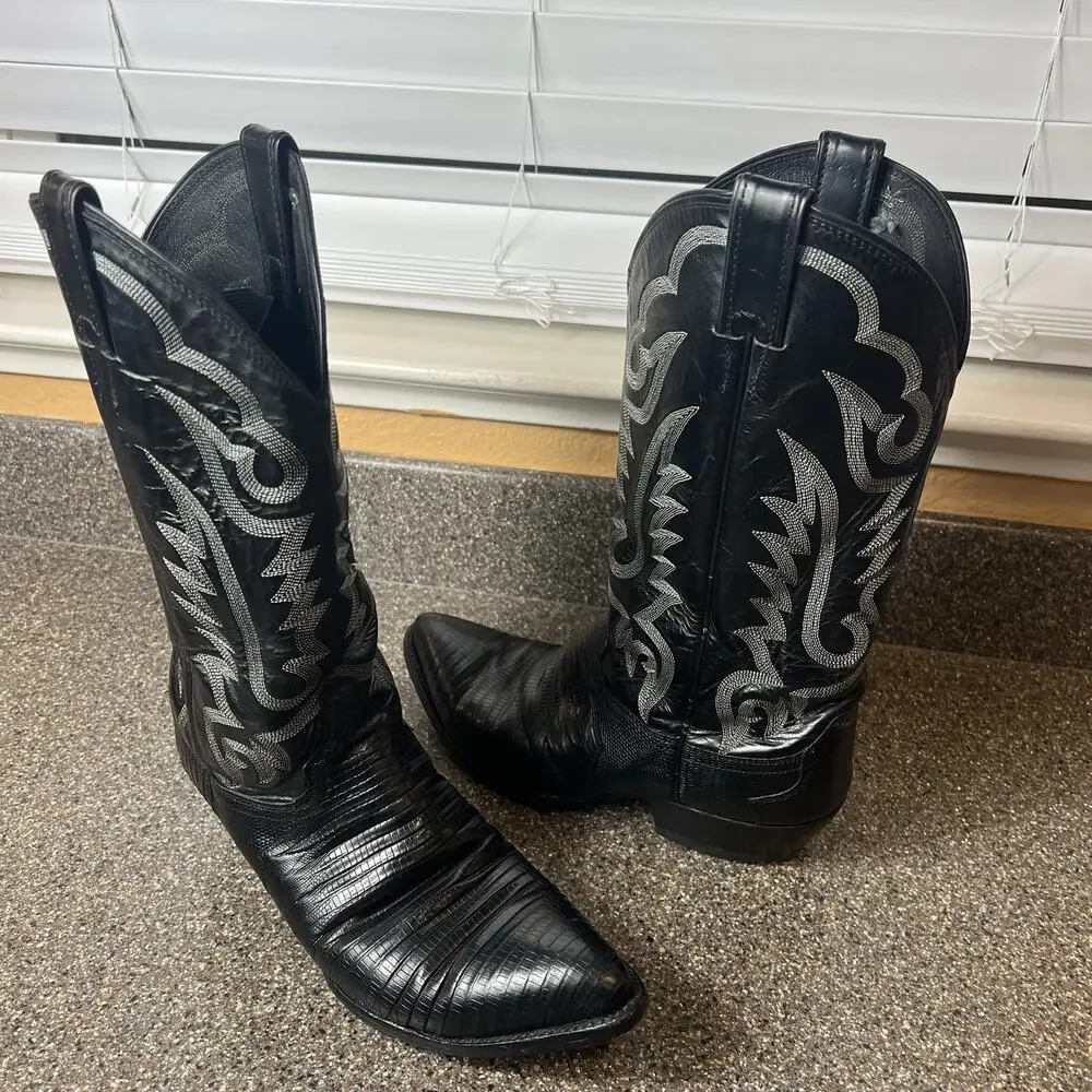 Justin 8311 Vintage Black Lizard Skin Western Cowboy Boots Men's Size 9.5 D USA